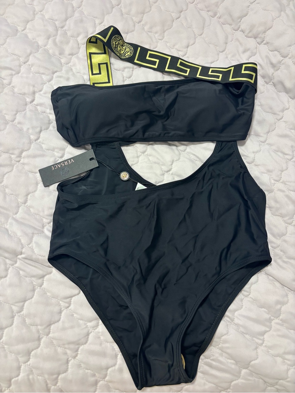 Black One-Piece Swimsuit with Yellow-Gold Greca Strap